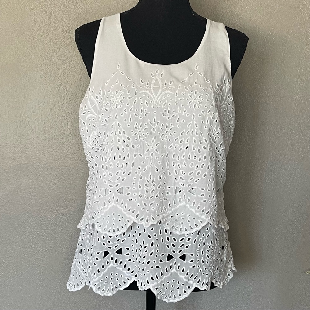 CAbi | White Eyelit Layered Frolic Top  ~Size Medium #5723